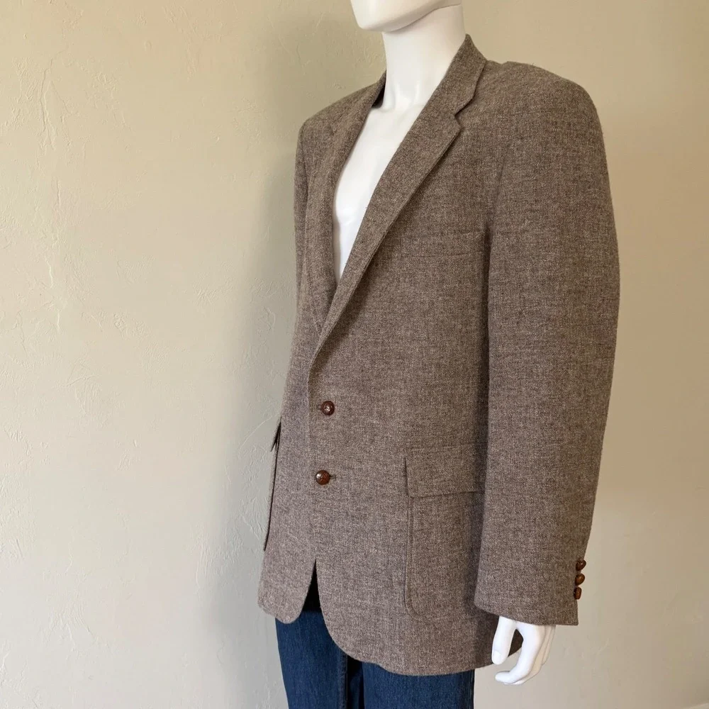 Rare Vintage Levis Mens Brown Tweed 100% Wool Blazer‎ with Leather Buttons 42R